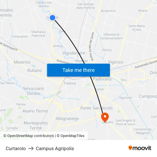 Curtarolo to Agripolis Campus map