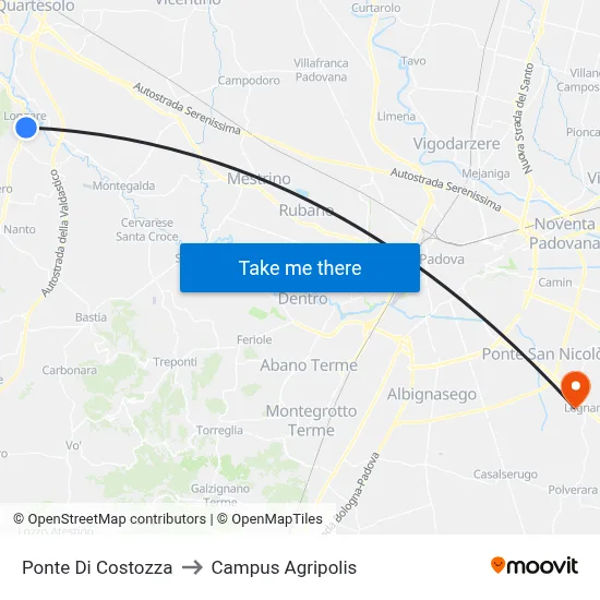 Costozza Bridge to Agripolis Campus map