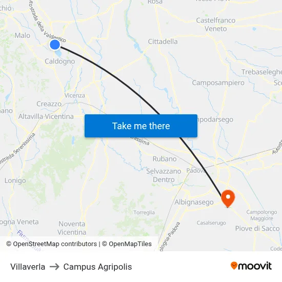 Villaverla to Agripolis Campus map