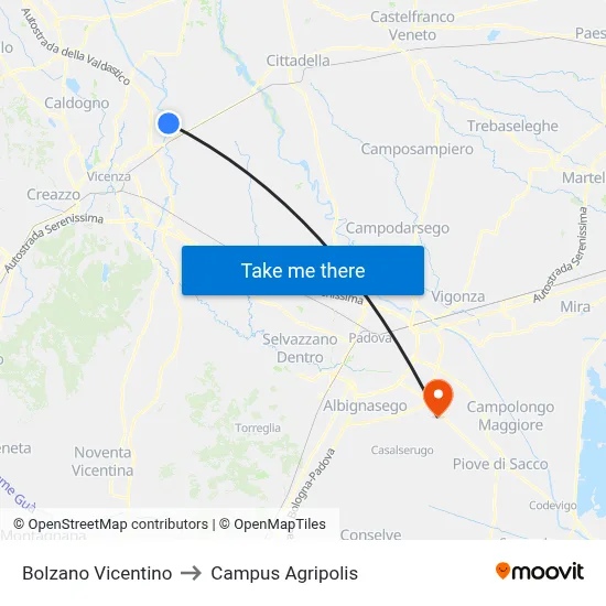 Bolzano Vicentino to Agripolis Campus map