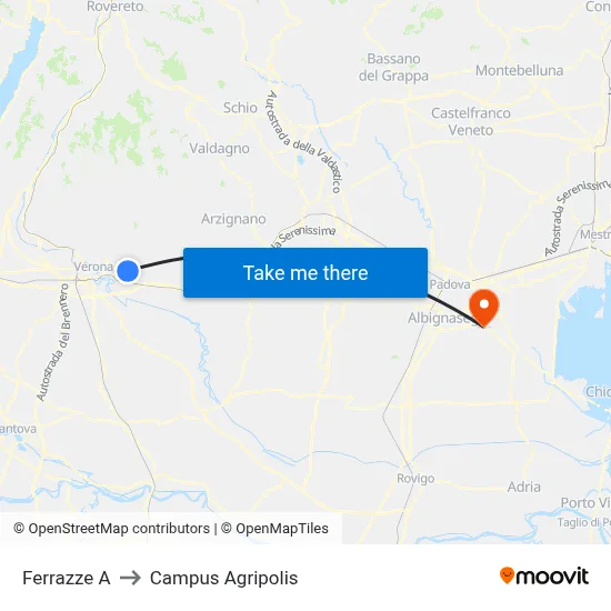 Ferrazze A to Agripolis Campus map