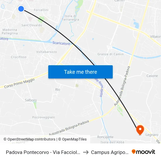 Padova Pontecorvo - Facciolati Street to Agripolis Campus map