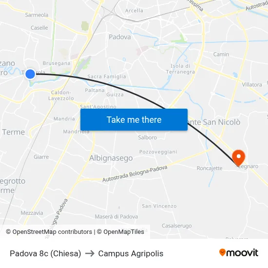 Padua 8c (Church) to Agripolis Campus map