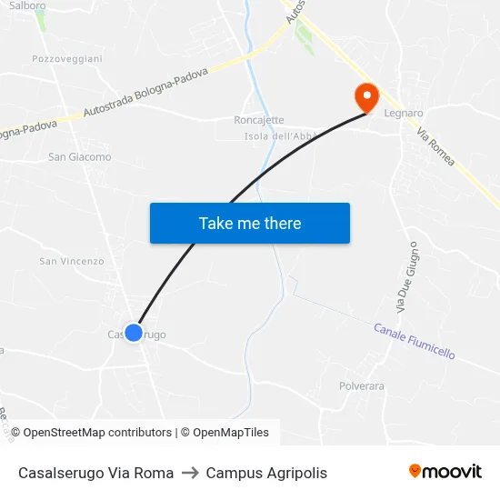 Casalserugo Roma Street to Agripolis Campus map