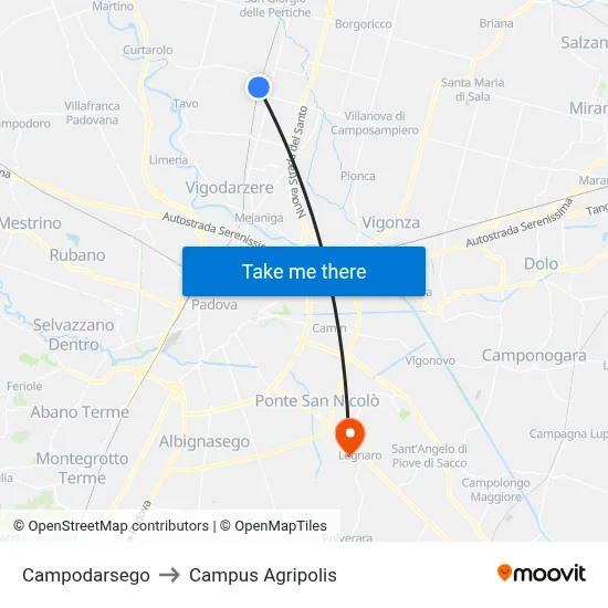Campodarsego to Agripolis Campus map