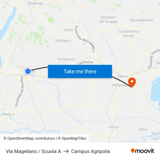 Via Magellano / School A to Agripolis Campus map
