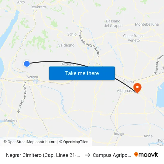 Negrar Cemetery (Lines 21-93 Terminal) to Agripolis Campus map