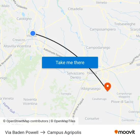Baden Powell Street to Agripolis Campus map