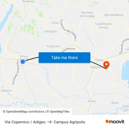 Via Copernico / Adigeo to Agripolis Campus map