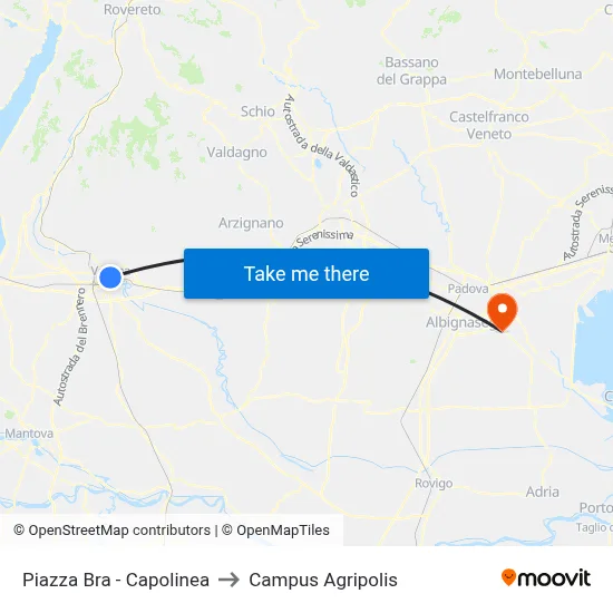 Piazza Bra - Terminal to Agripolis Campus map