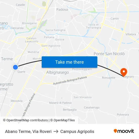 Abano Terme, Via Roveri to Agripolis Campus map