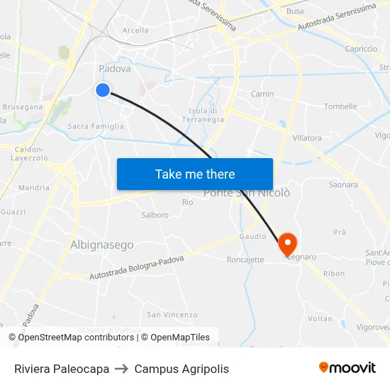 Paleocapa Riverfront to Agripolis Campus map