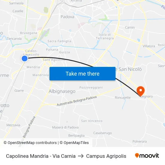 Mandria Terminal - Via Carnia to Agripolis Campus map