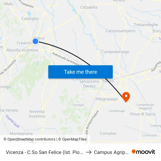 Vicenza - San Felice Course (Piovene Institute) to Agripolis Campus map