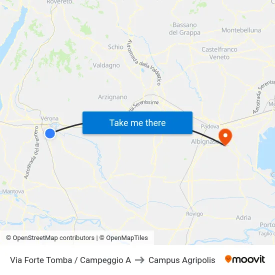 Via Forte Tomba / Campground A to Agripolis Campus map