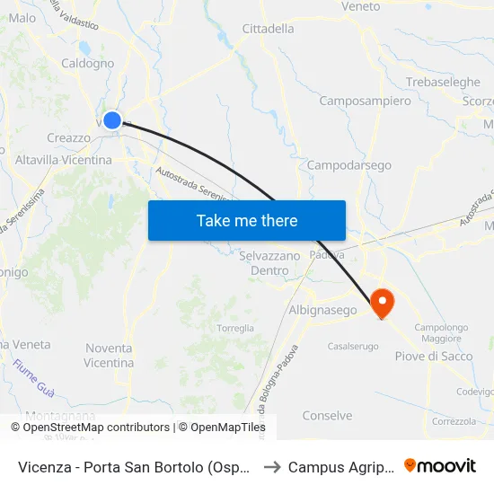 Vicenza - San Bortolo Gate (Hospital) to Agripolis Campus map