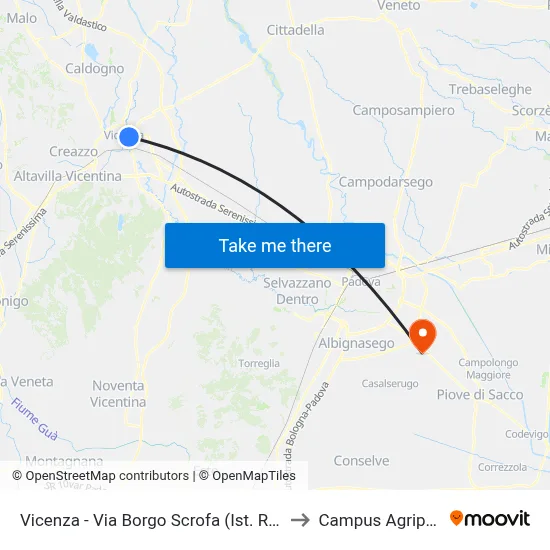 Vicenza - Borgo Scrofa Street (Rossi Institute) to Agripolis Campus map