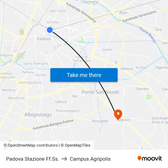 Padua Railway Station to Agripolis Campus map