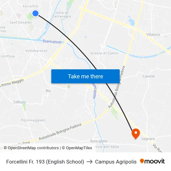 Forcellini 193 (English School) to Agripolis Campus map