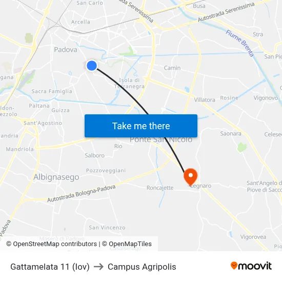 Gattamelata 11 (Iov) to Agripolis Campus map