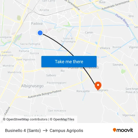 Businello 4 (Santo) to Agripolis Campus map