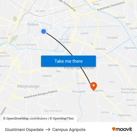 Giustiniani Hospital to Agripolis Campus map