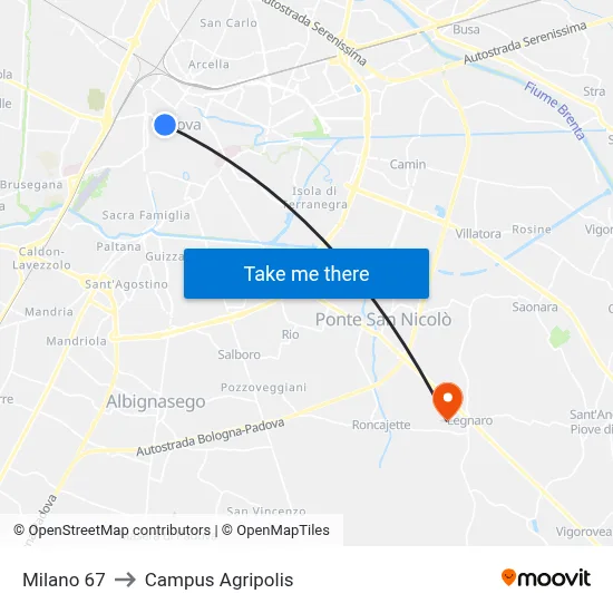 Milano 67 to Agripolis Campus map