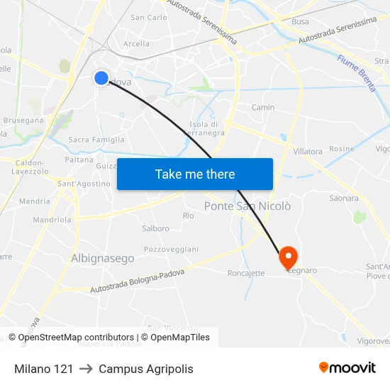 Milano 121 to Agripolis Campus map