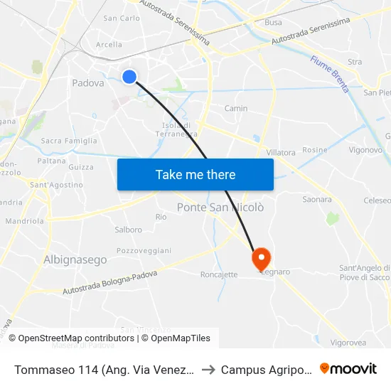 Tommaseo 114 (Corner of Via Venezia) to Agripolis Campus map