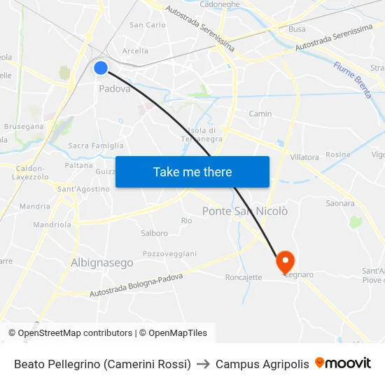 Beato Pellegrino (Camerini Rossi) to Agripolis Campus map