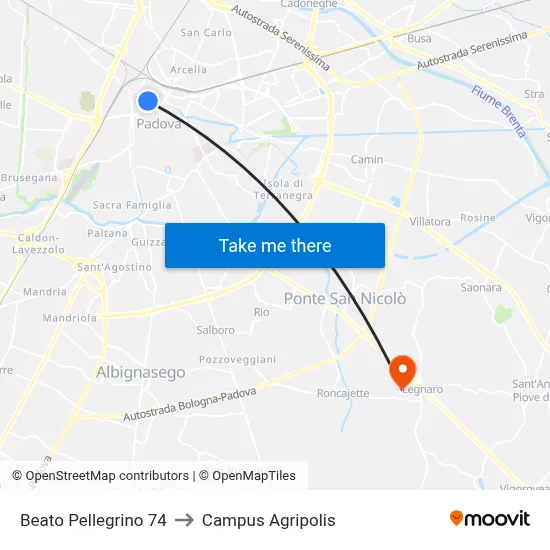Beato Pellegrino 74 to Agripolis Campus map