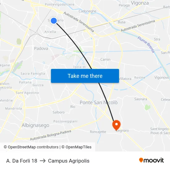 A. Da Forli 18 to Agripolis Campus map