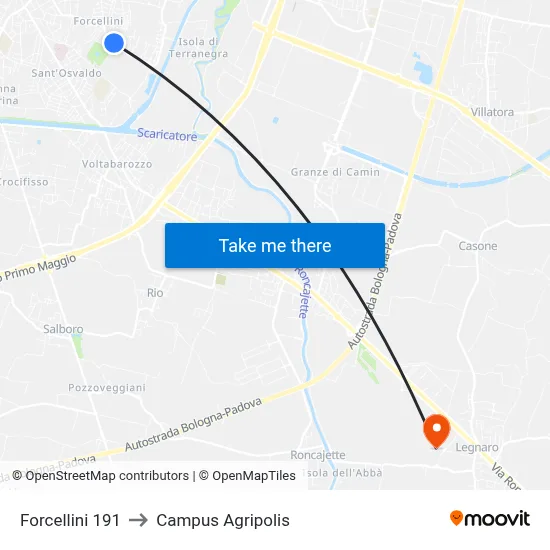 Forcellini 191 to Agripolis Campus map