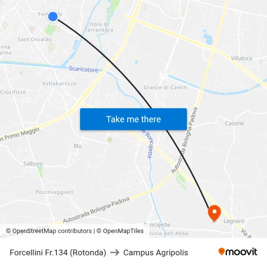 Forcellini 134 (Roundabout) to Agripolis Campus map