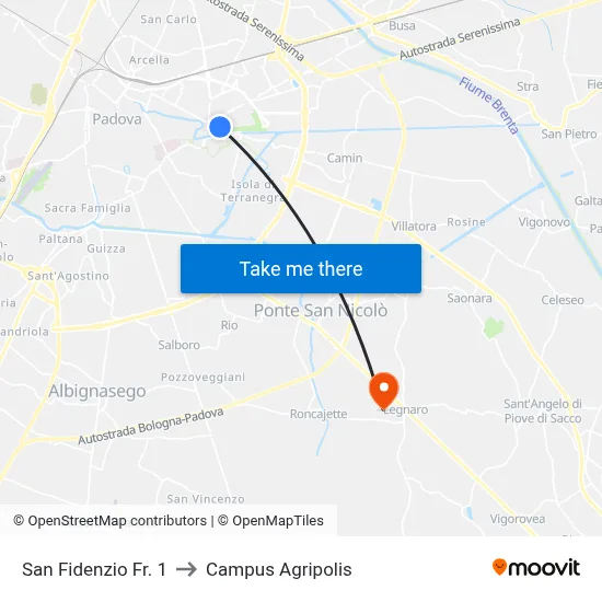 San Fidenzio Stop 1 to Agripolis Campus map
