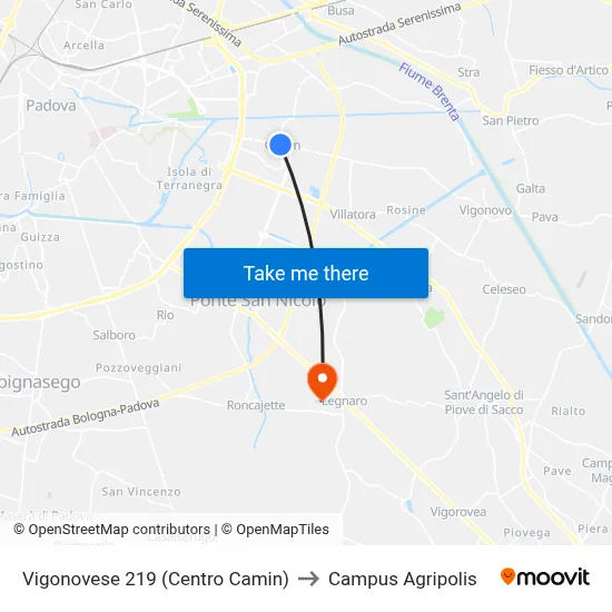 Vigonovese 219 (Camin Center) to Agripolis Campus map