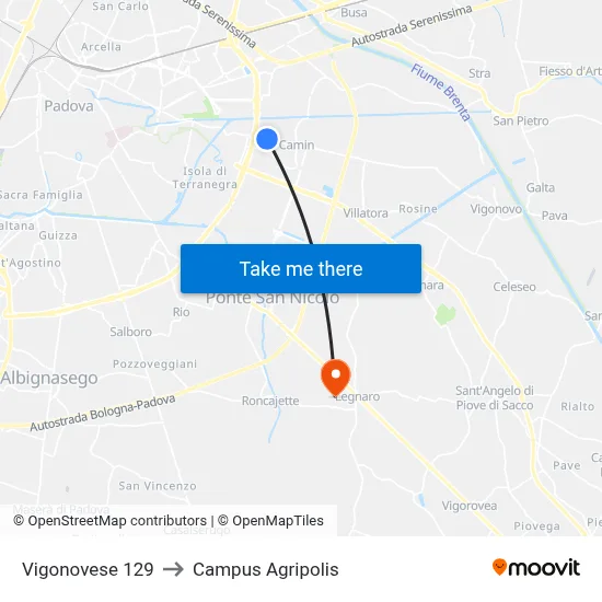 Vigonovese 129 to Agripolis Campus map