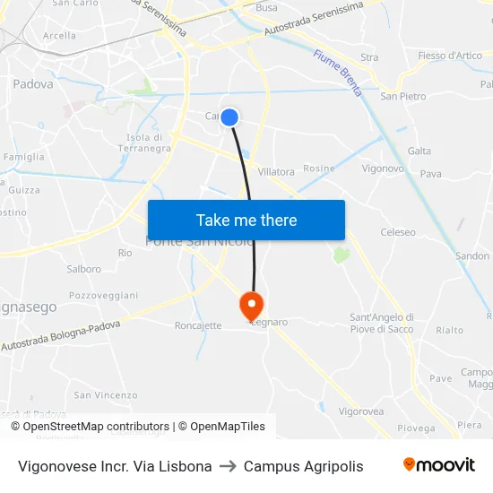 Vigonovese Lisbon Street Junction to Agripolis Campus map