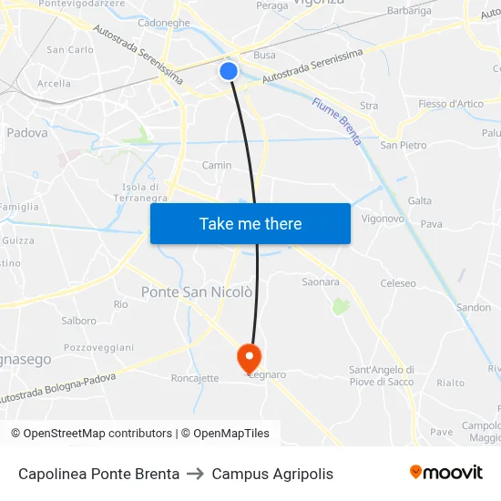 Ponte Brenta Terminal to Agripolis Campus map