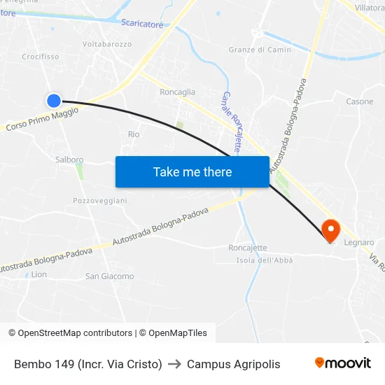 Bembo 149 (Cristo Street Junction) to Agripolis Campus map