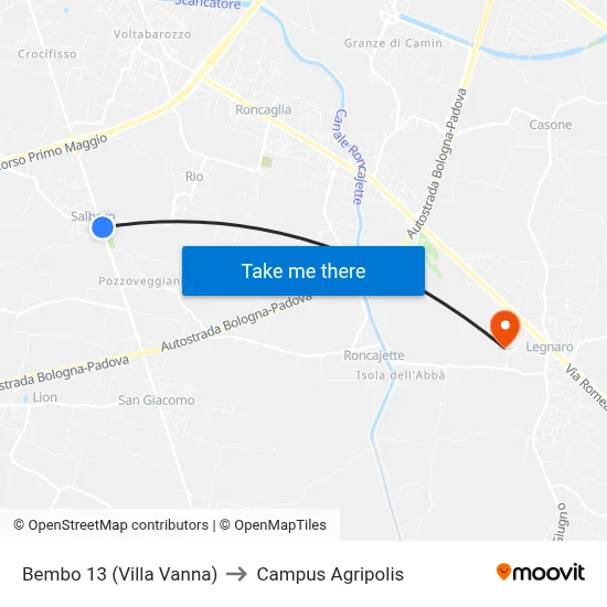 Bembo 13 (Villa Vanna) to Agripolis Campus map