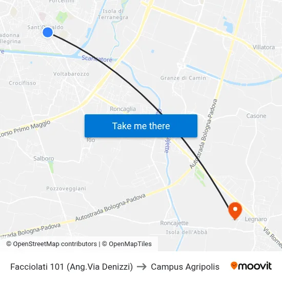 Facciolati 101 (Corner of Via Denizzi) to Agripolis Campus map