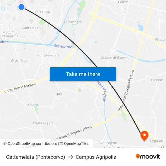 Gattamelata (Pontecorvo) to Agripolis Campus map