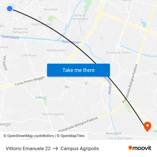 Vittorio Emanuele 22 to Agripolis Campus map