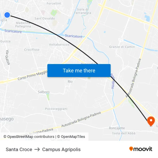 Santa Croce to Agripolis Campus map