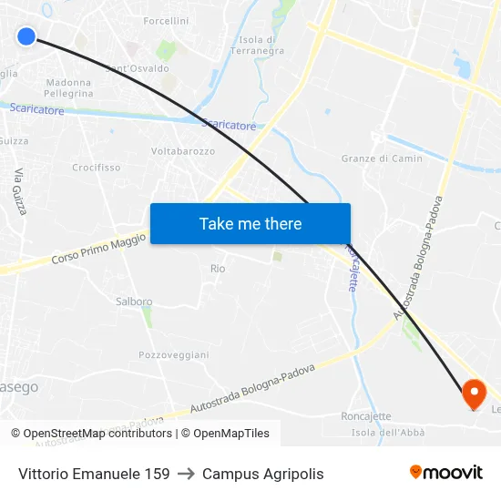 Vittorio Emanuele 159 to Agripolis Campus map