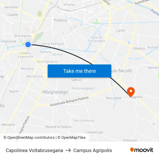 Voltabrusegana Terminal to Agripolis Campus map