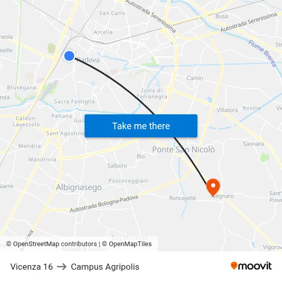 Vicenza 16 to Agripolis Campus map