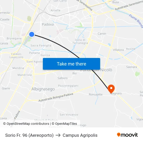 Sorio No. 96 (Airport) to Agripolis Campus map
