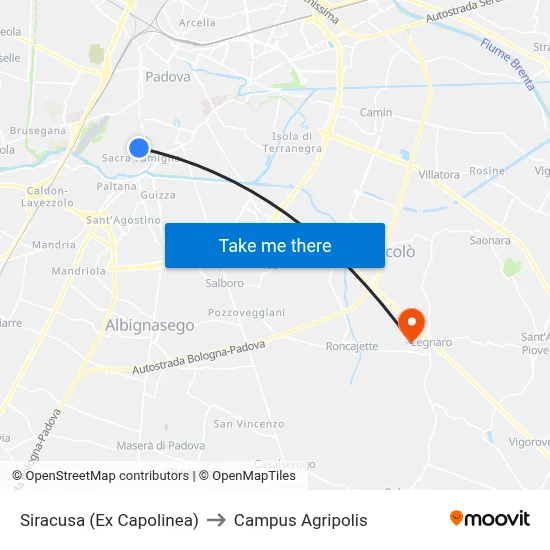 Siracusa (Former Terminal) to Agripolis Campus map